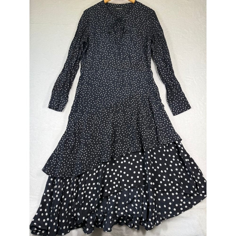 Barbara Bui Black Polka Dot Silk Ruffle Maxi Dress Long Sleeve French Size 40